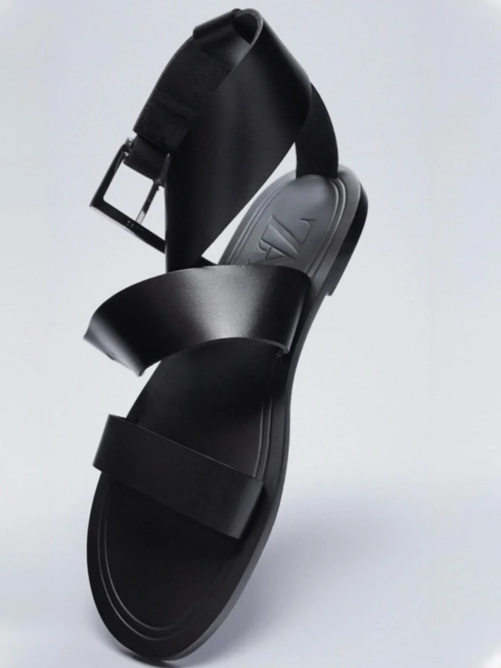 Zara EUC Black Leather Ankle-Strap Flat Sandals Sz: US 7| Minimalist, Chic - Picture 6 of 16